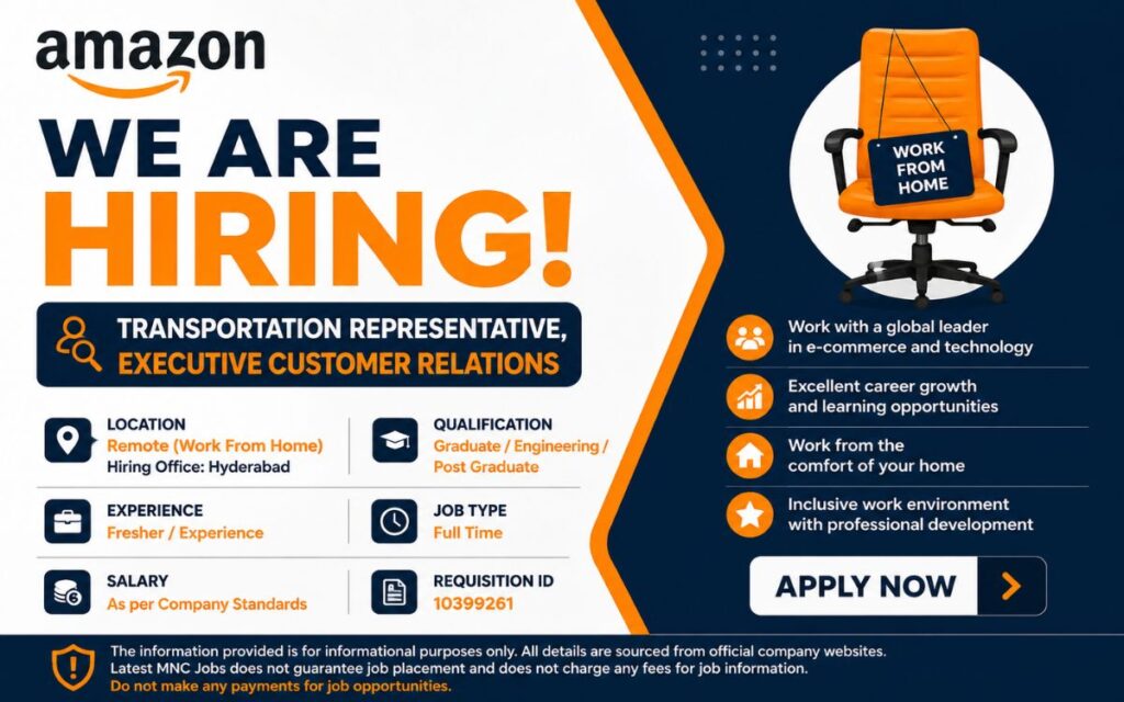 Amazon Work from Home Jobs; Hiring Transportation Representative – Apply Now