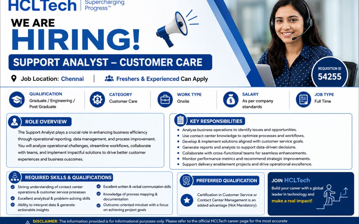 HclTech Recruitment Drive: Hiring Support Analyst – Apply Now